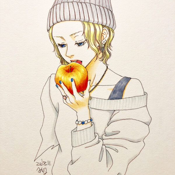 イラスト　女の子イラスト　リンゴ　漫画　アート　美術