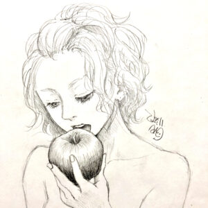 イラスト　下書き　女の子イラスト　食べる姿　リンゴ　美術　アート