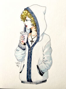 イラスト　女の子イラスト　ジュースを飲む姿　絵　美術　アート