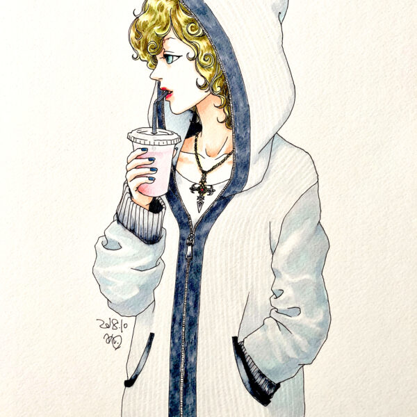イラスト　女の子イラスト　ジュースを飲む姿　絵　美術　アート