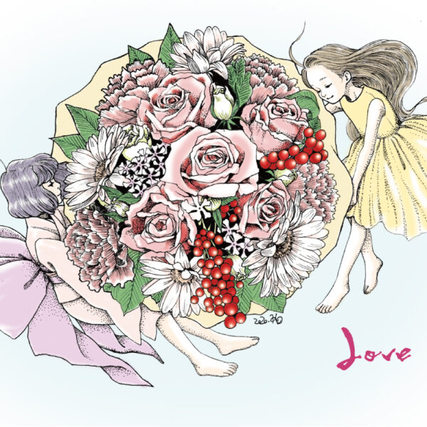女の子イラスト　ainagi　花の絵　flower　母の日　美術　線画　点描画　アート