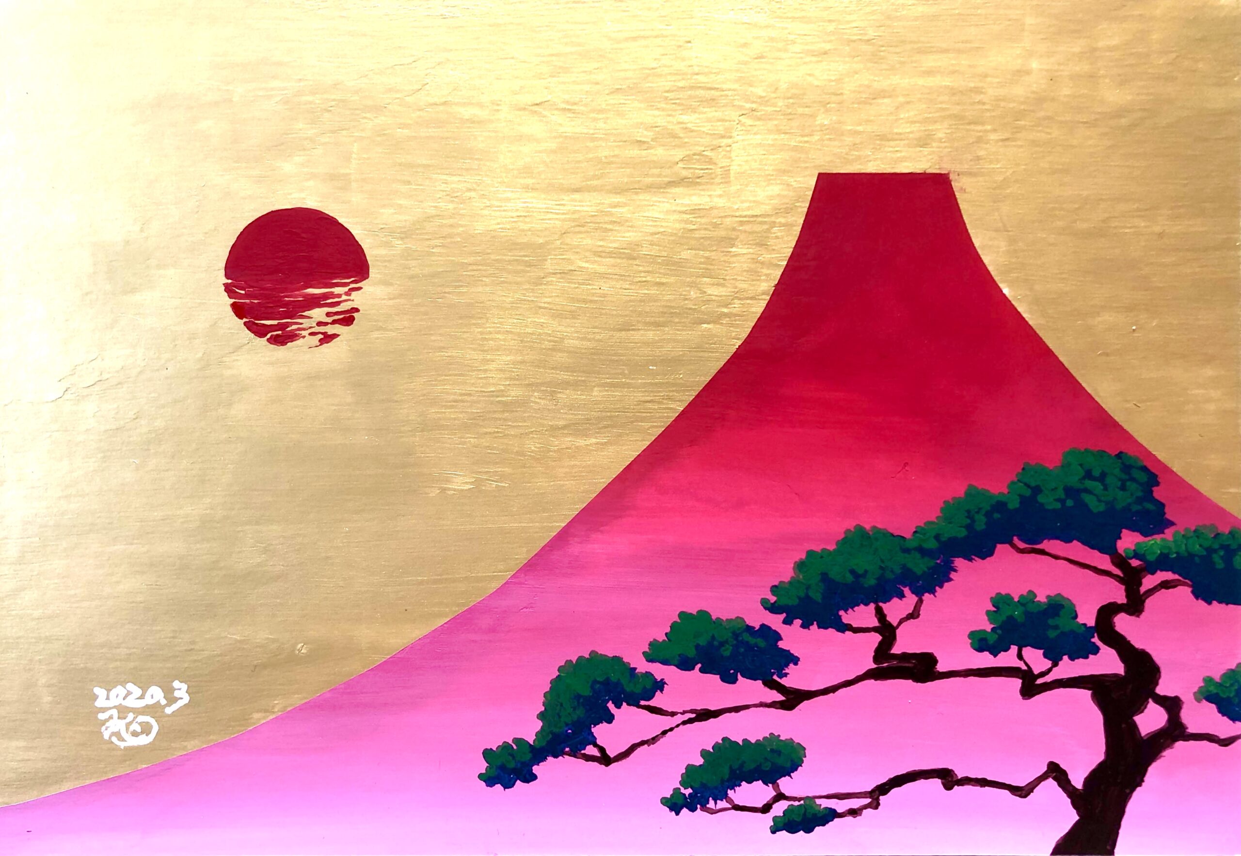 富士山　赤富士　縁起物　アクリル画　アート　絵画　風景画　大森和枝　画家